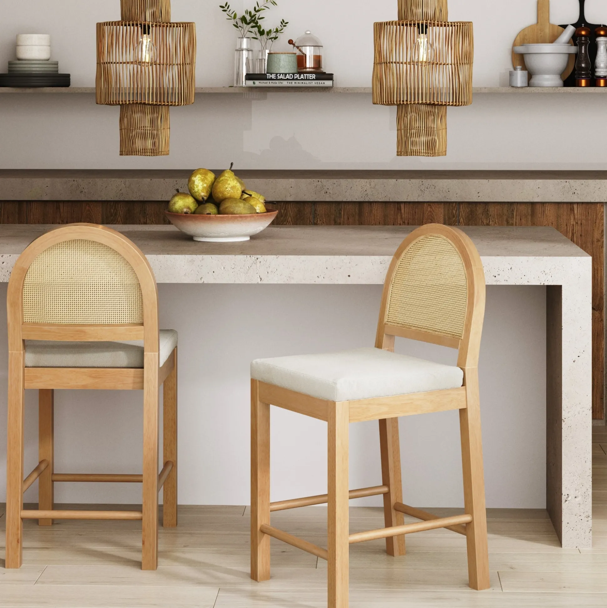 Boucle & Rattan Counter Height Bar Stool Warm Pine