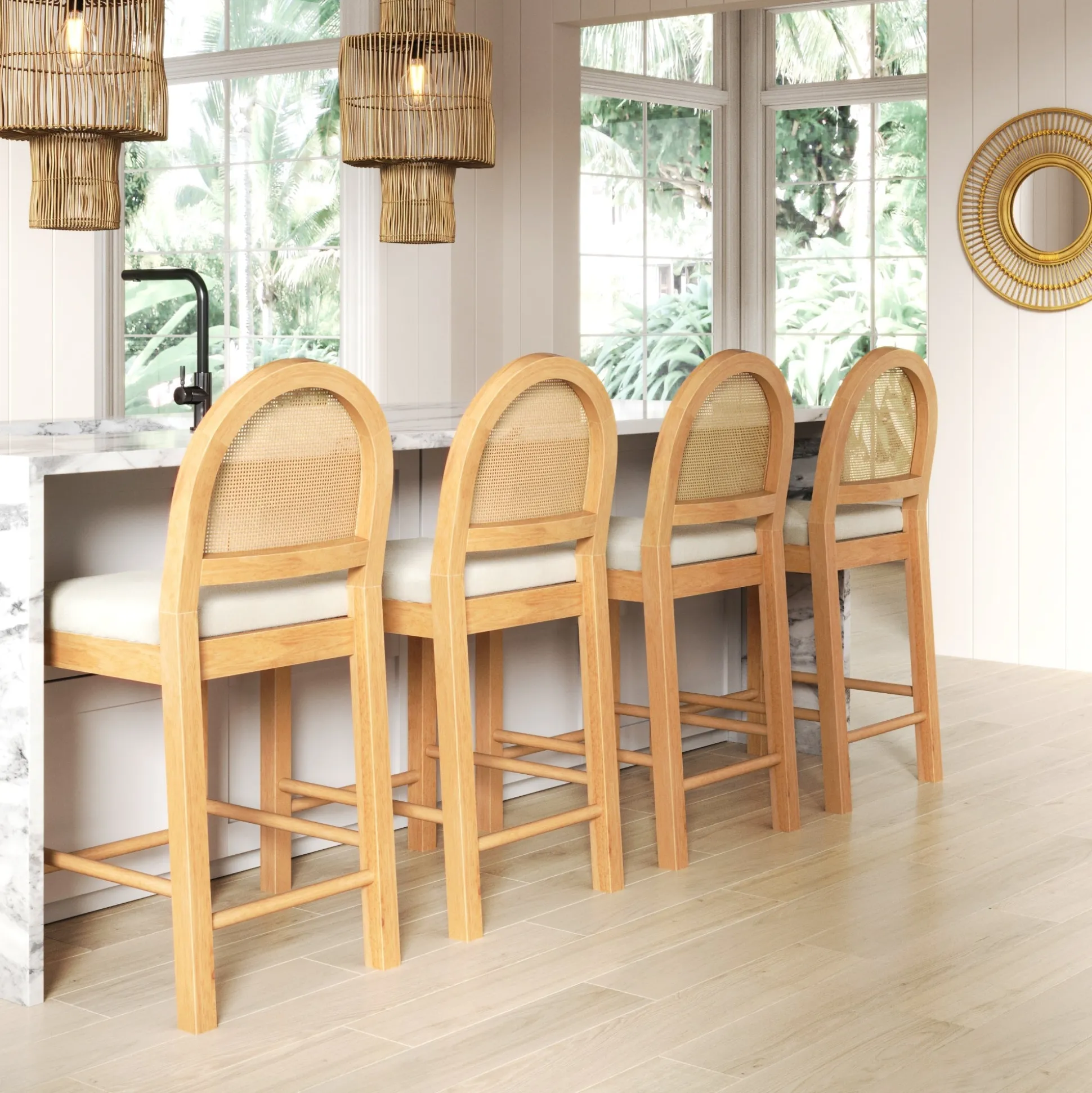 Boucle & Rattan Counter Height Bar Stool Warm Pine