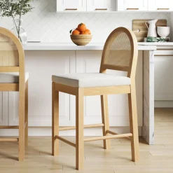 Boucle & Rattan Counter Height Bar Stool Warm Pine