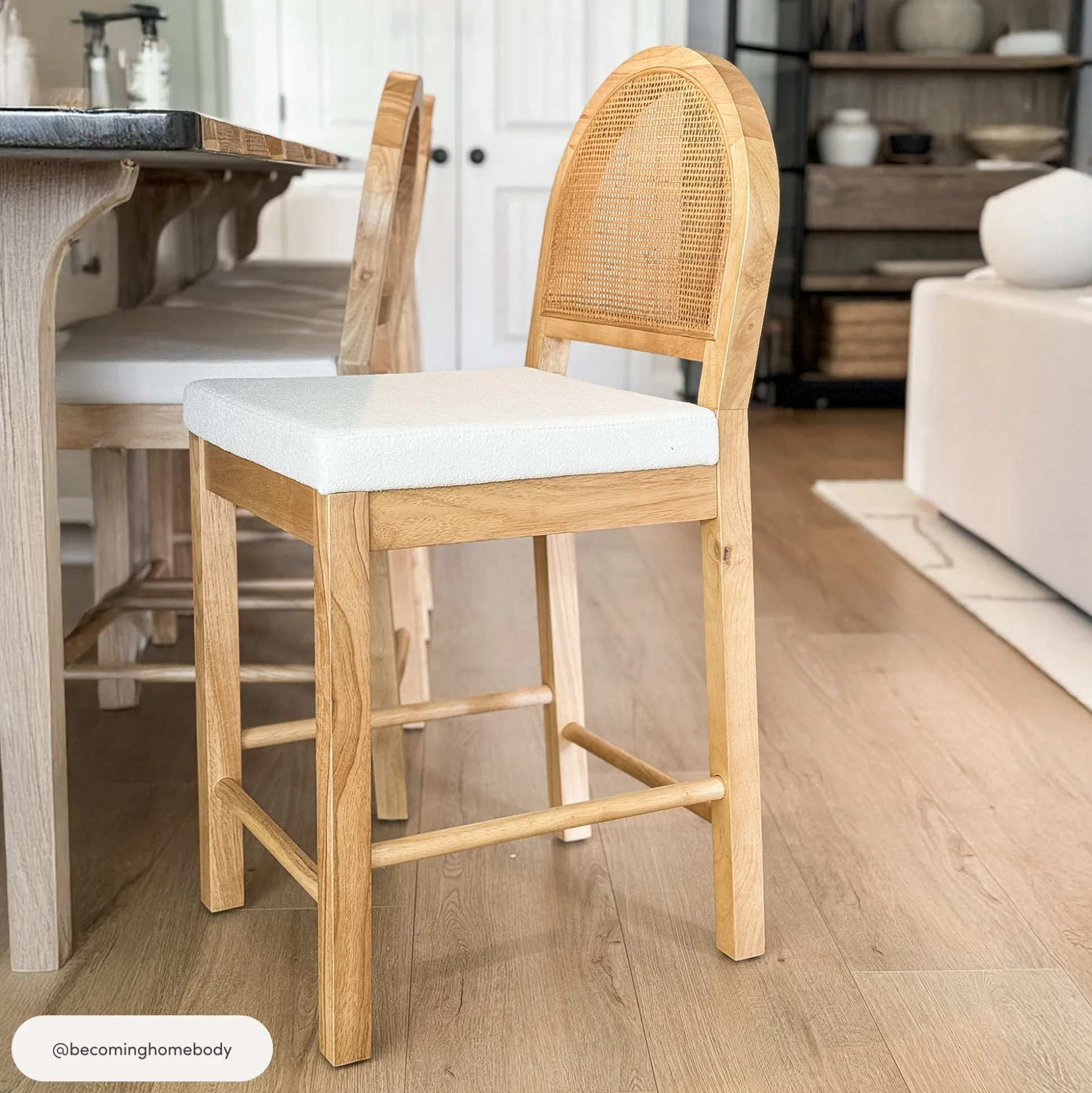 Boucle & Rattan Counter Height Bar Stool Warm Pine