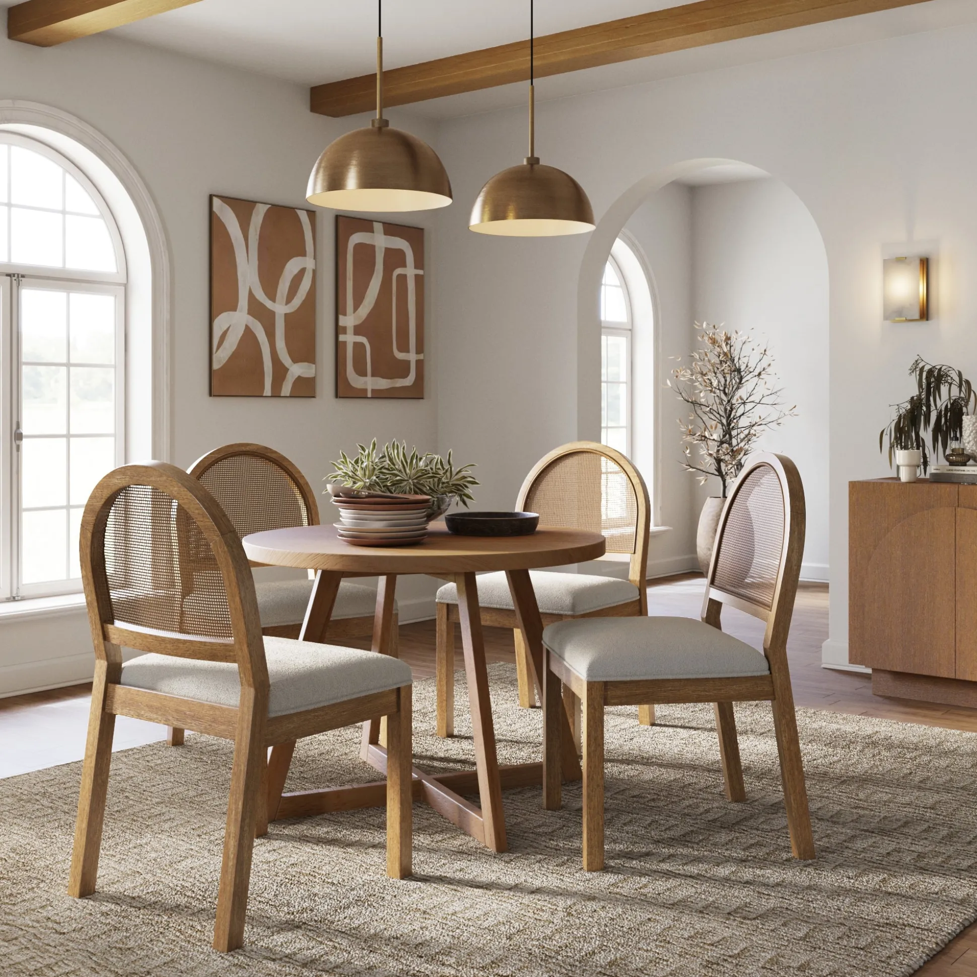 Boucle & Rattan Dining Chair Light Brown