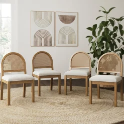 Boucle & Rattan Dining Chairs Light Brown (Set of 4)