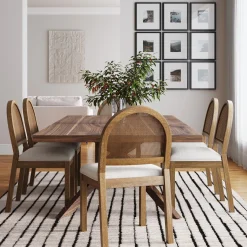 Boucle & Rattan Dining Chairs Light Brown (Set of 6)