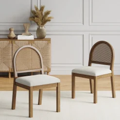 Boucle & Rattan Dining Chairs Light Brown (Set of 2)