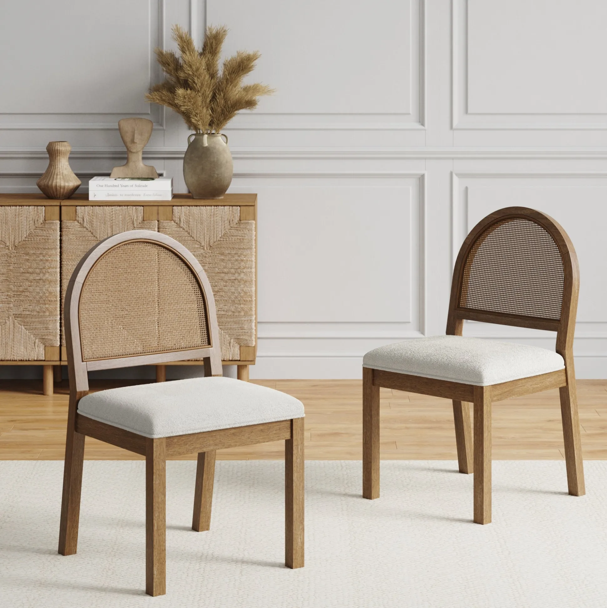 Boucle & Rattan Dining Chairs Light Brown (Set of 2)