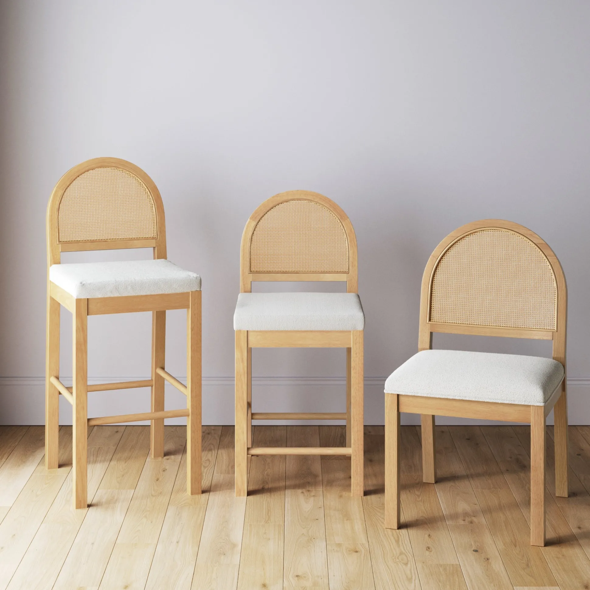 Boucle & Rattan Dining Chairs Warm Pine (Set of 4)