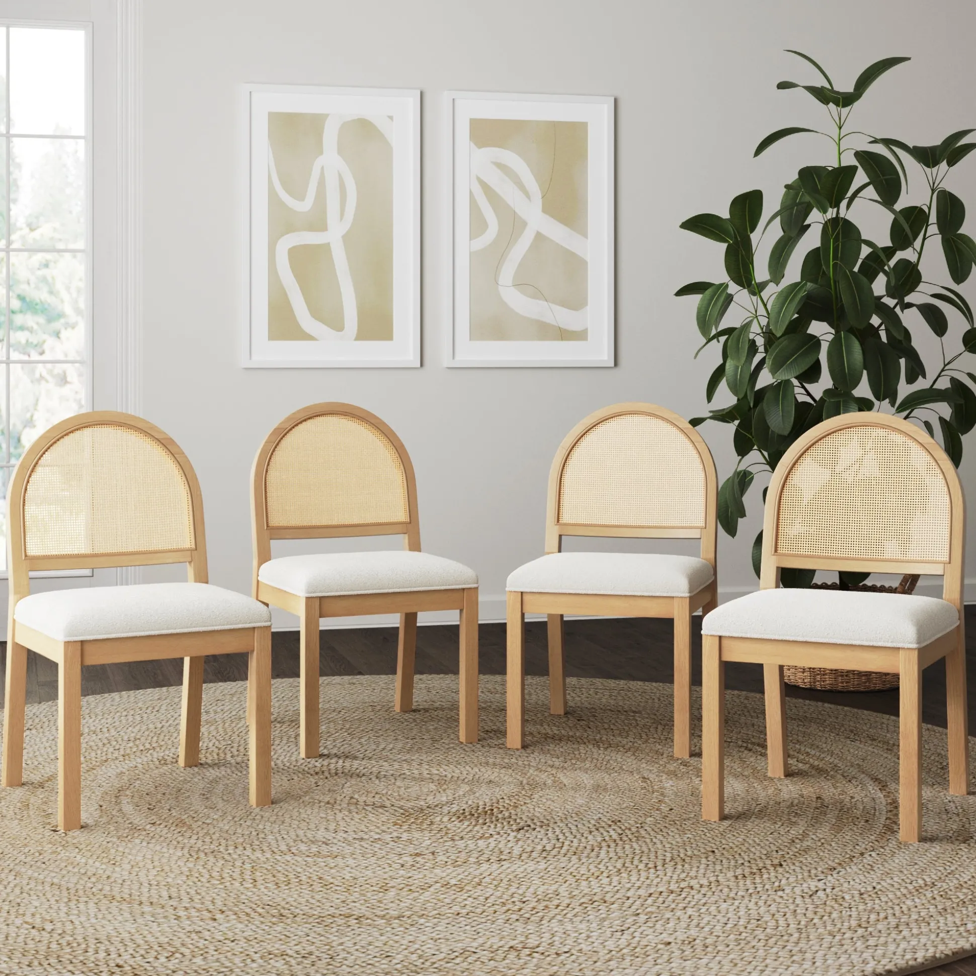 Boucle & Rattan Dining Chairs Warm Pine (Set of 4)