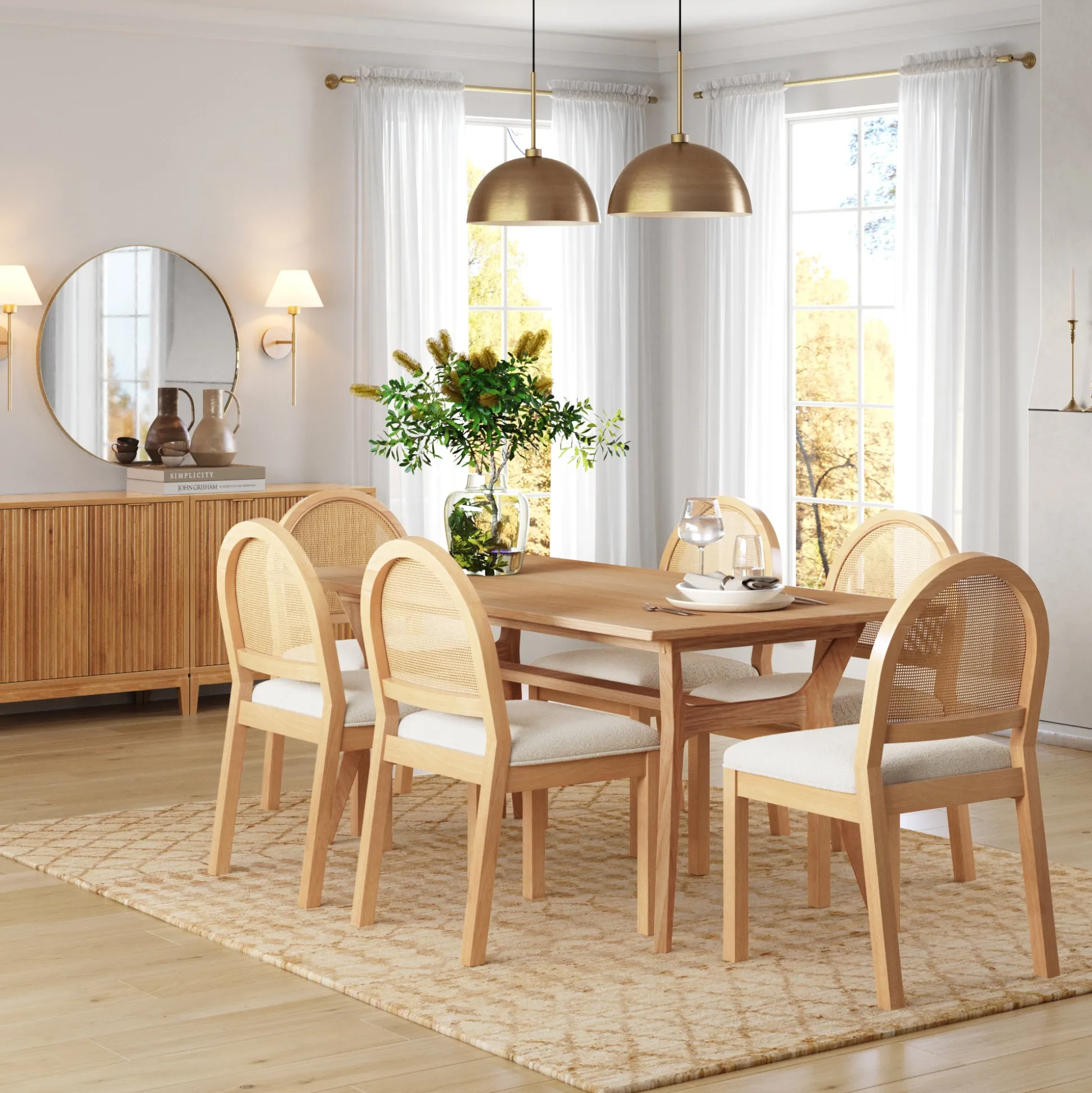 Boucle & Rattan Dining Chairs Warm Pine (Set of 6)