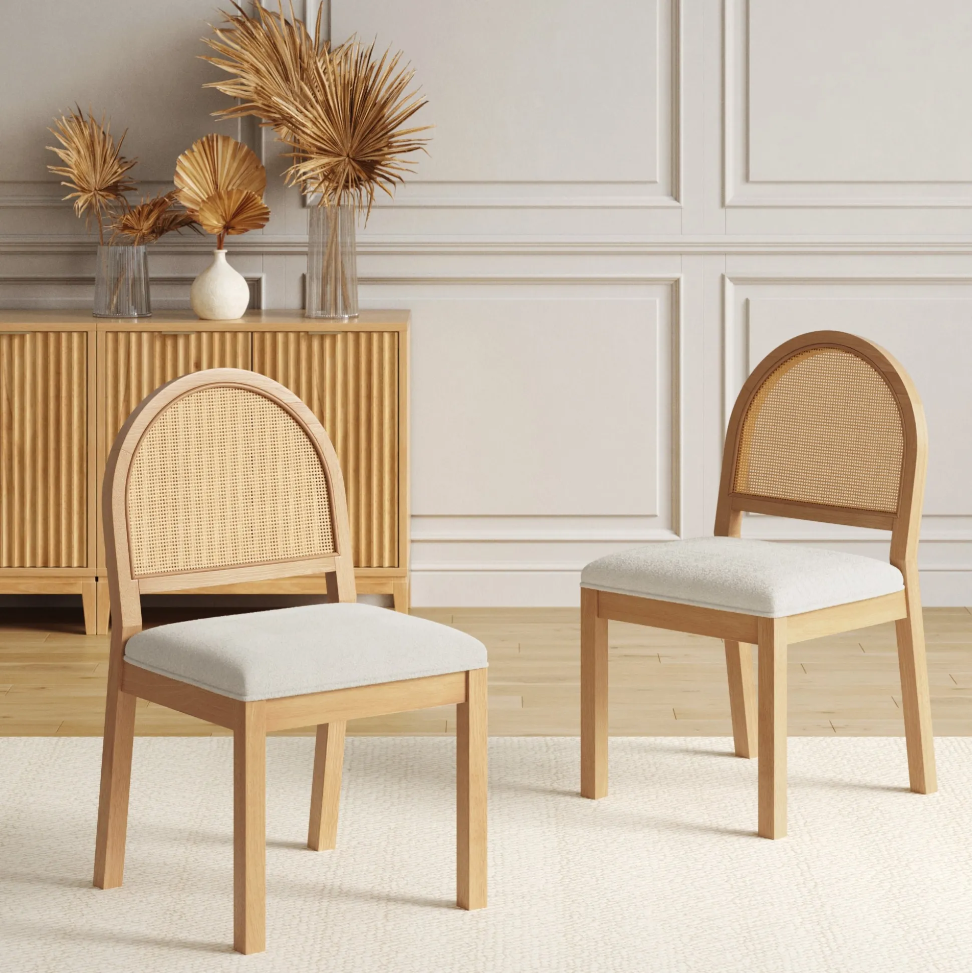 Boucle & Rattan Dining Chair Warm Pine (Set of 2)