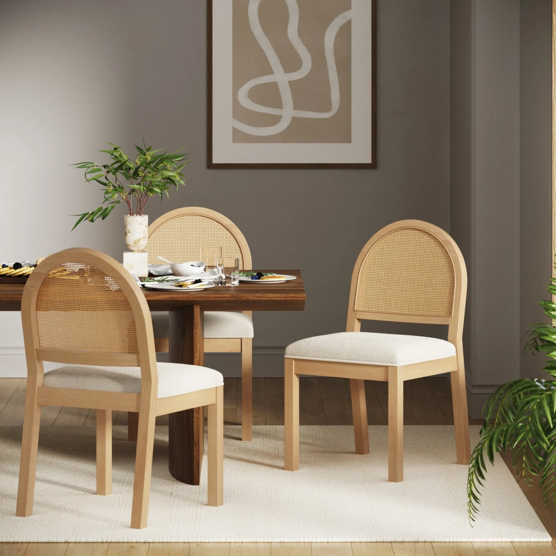 Boucle & Rattan Dining Chair Warm Pine