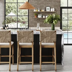 Boucle & Seagrass Bar Stool Light Brown (Set of 3)