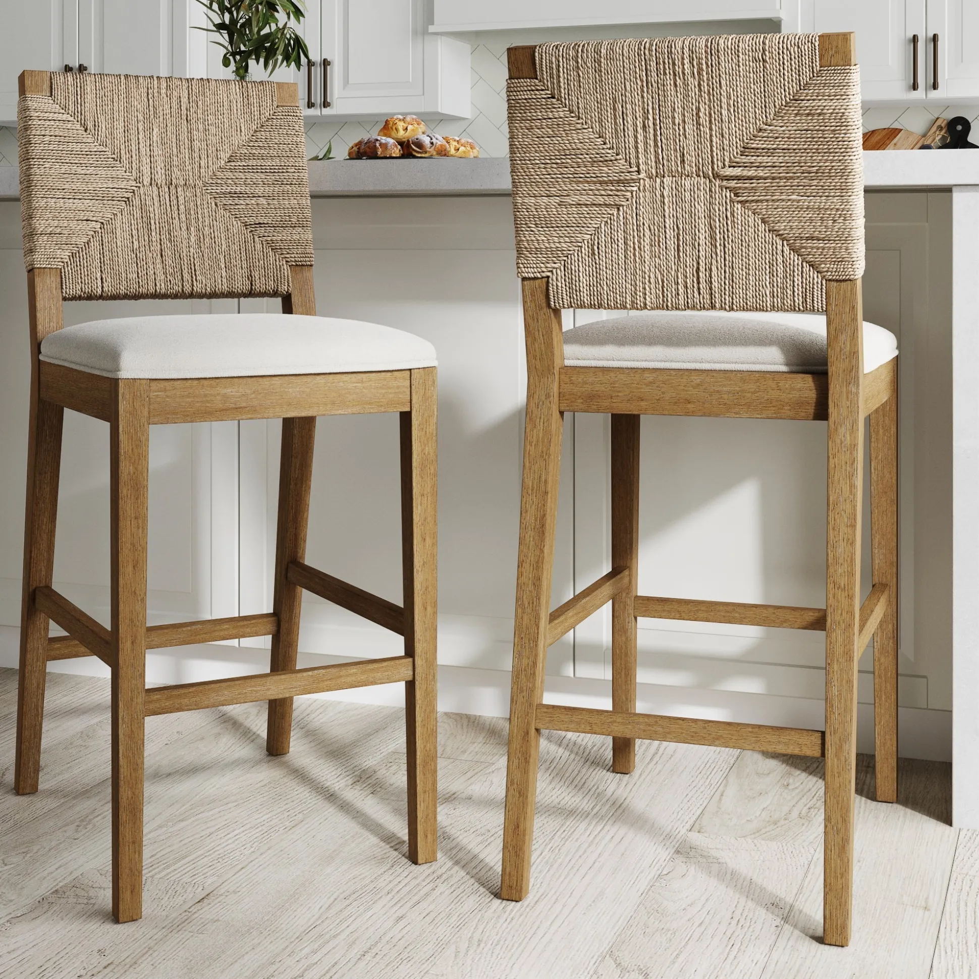 Boucle & Seagrass Bar Stool Light Brown (Set of 2)