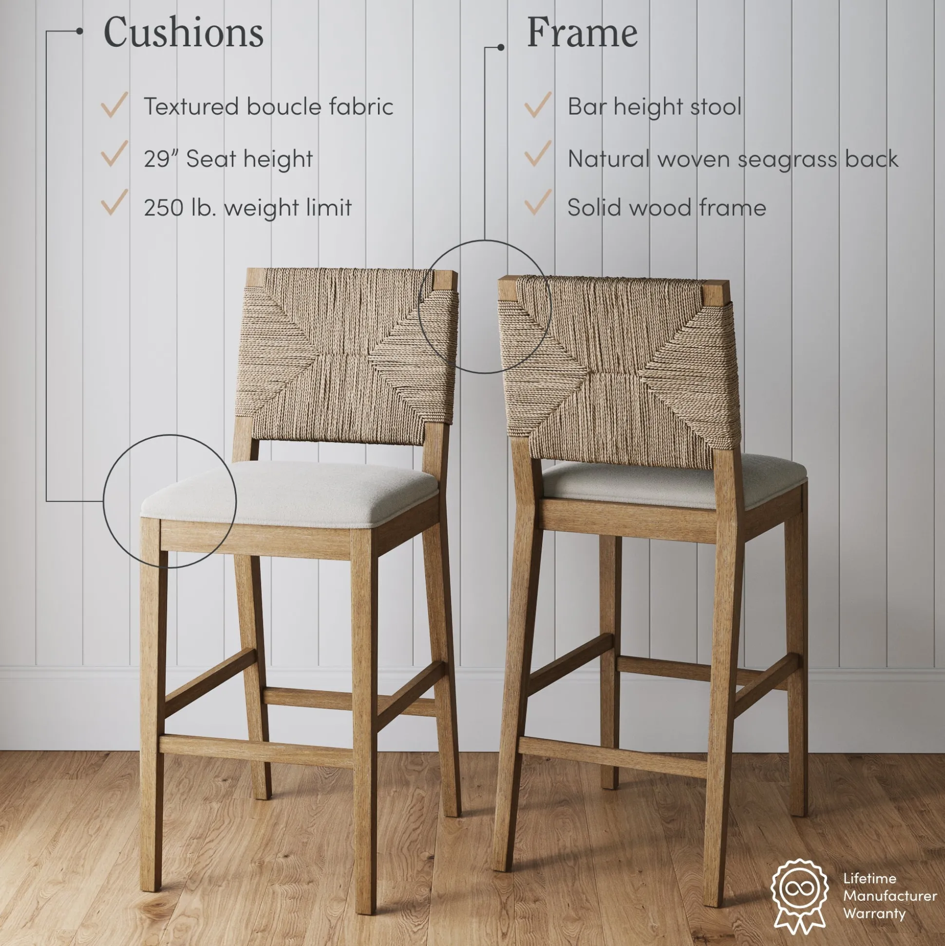 Boucle & Seagrass Bar Stool Light Brown