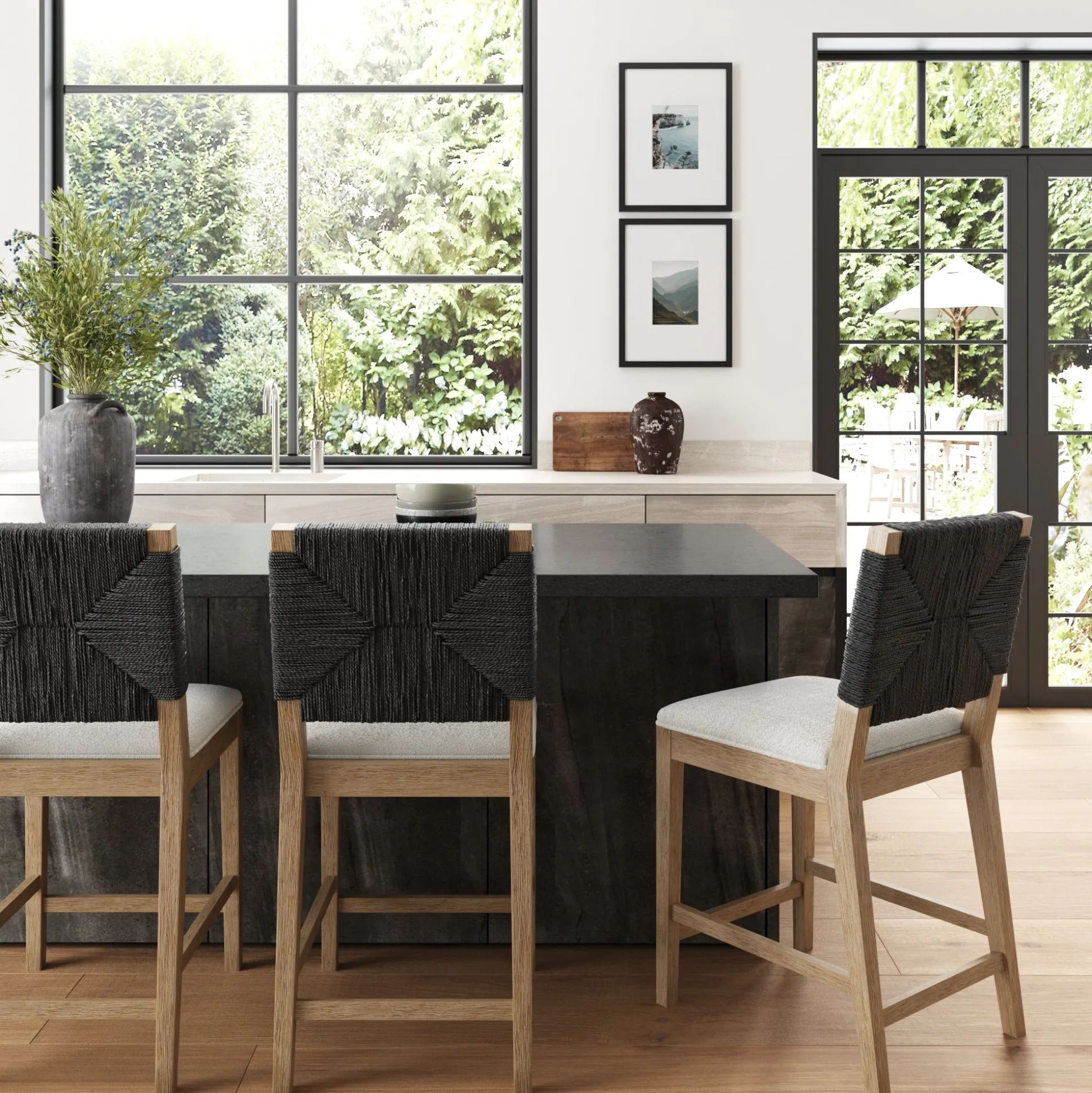 Boucle & Seagrass Boho Counter Height Bar Stool Black