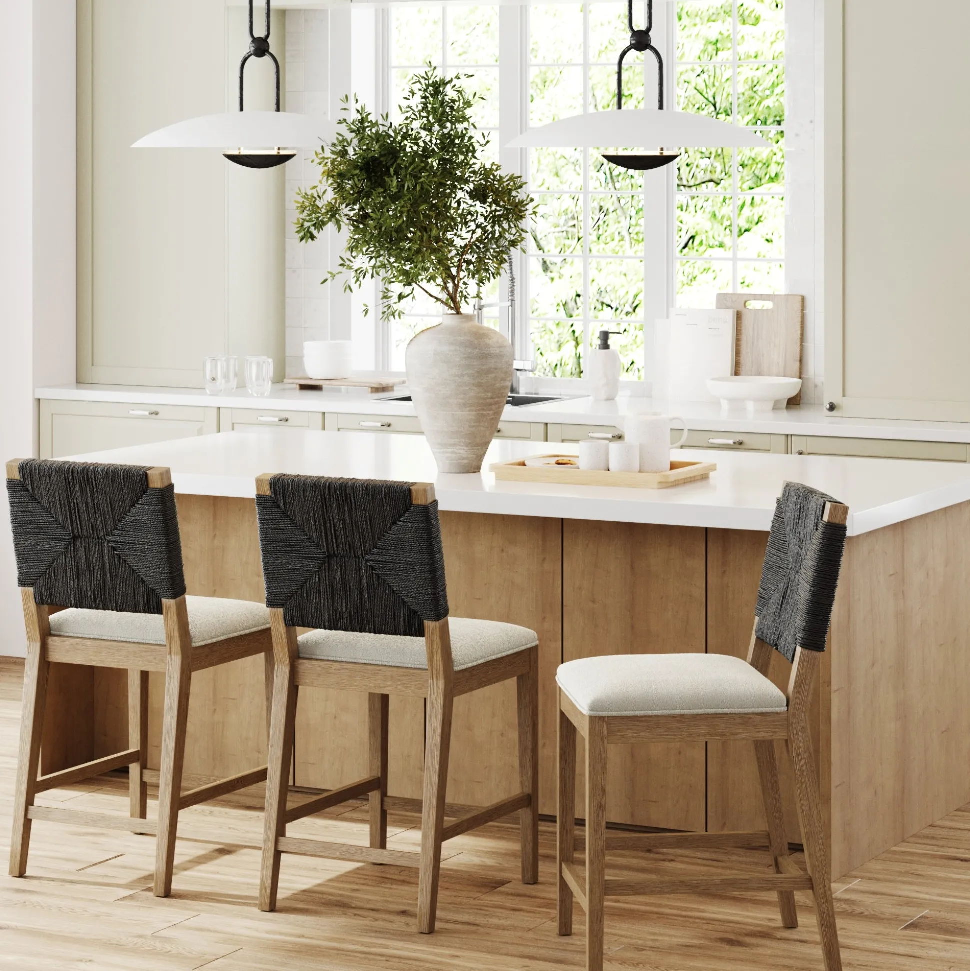 Boucle & Seagrass Counter Height Bar Stools Black (Set of 3)