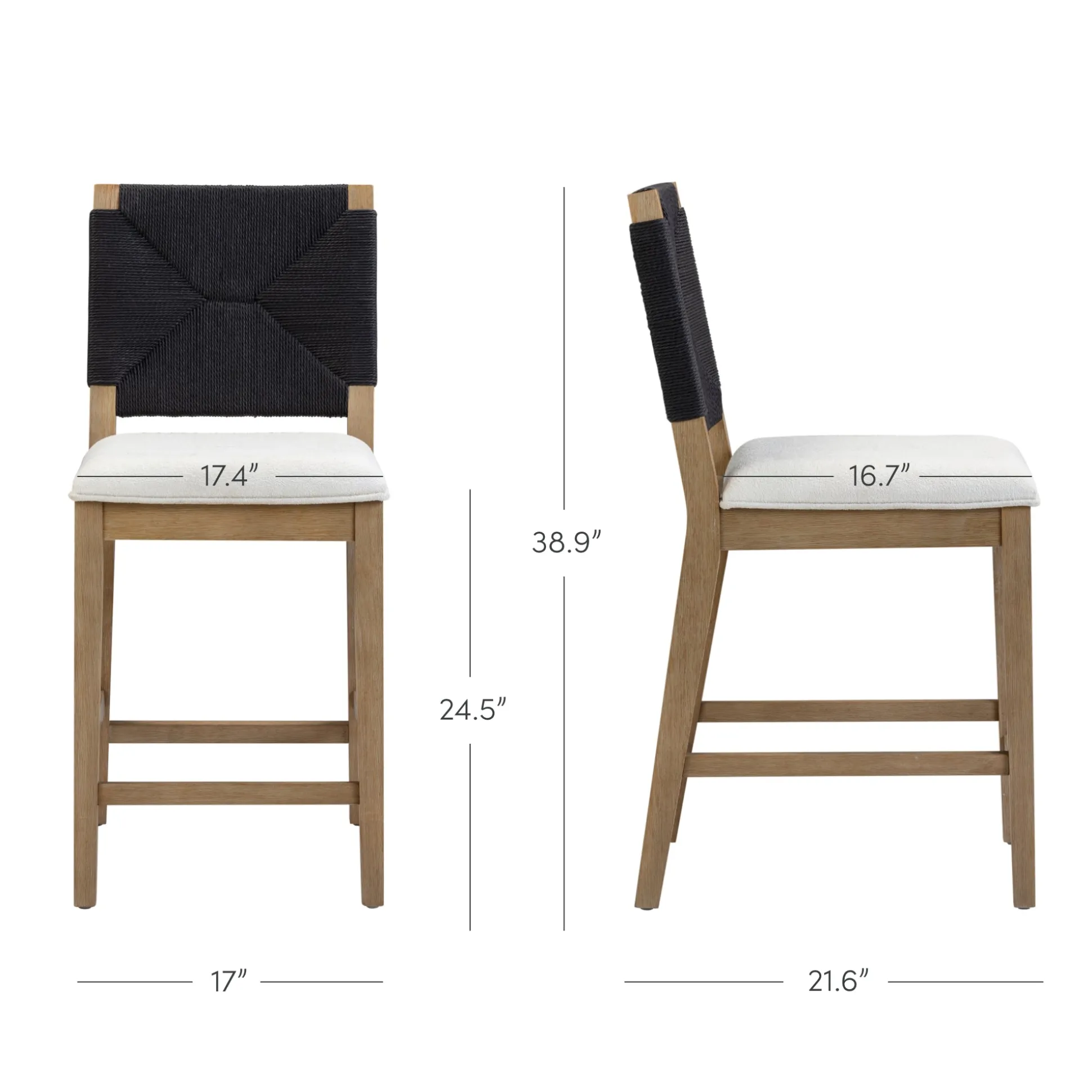 Boucle & Seagrass Counter Height Bar Stools Black (Set of 3)