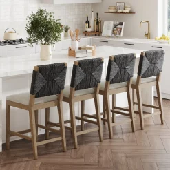 Boucle & Seagrass Counter Height Bar Stools Black (Set of 4)