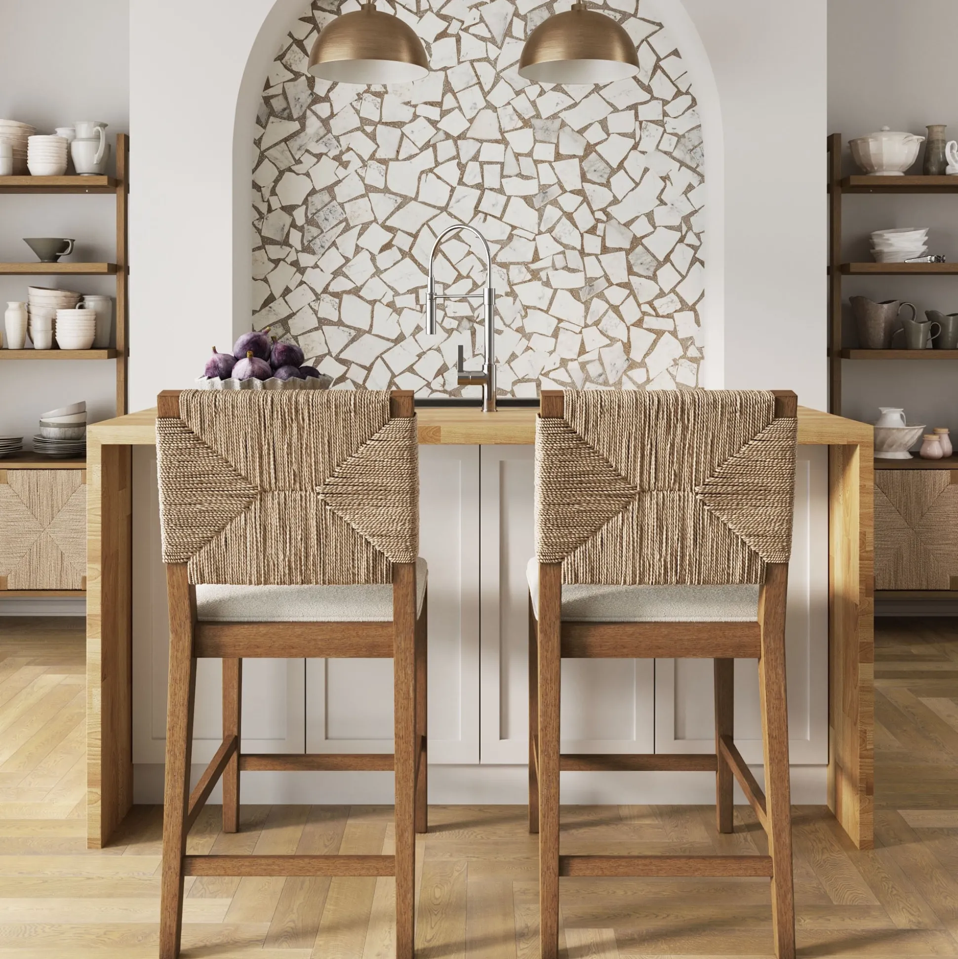 Boucle & Seagrass Counter Height Bar Stool Light Brown