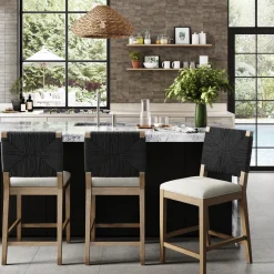 Boucle & Seagrass Counter Height Bar Stools Black (Set of 2)