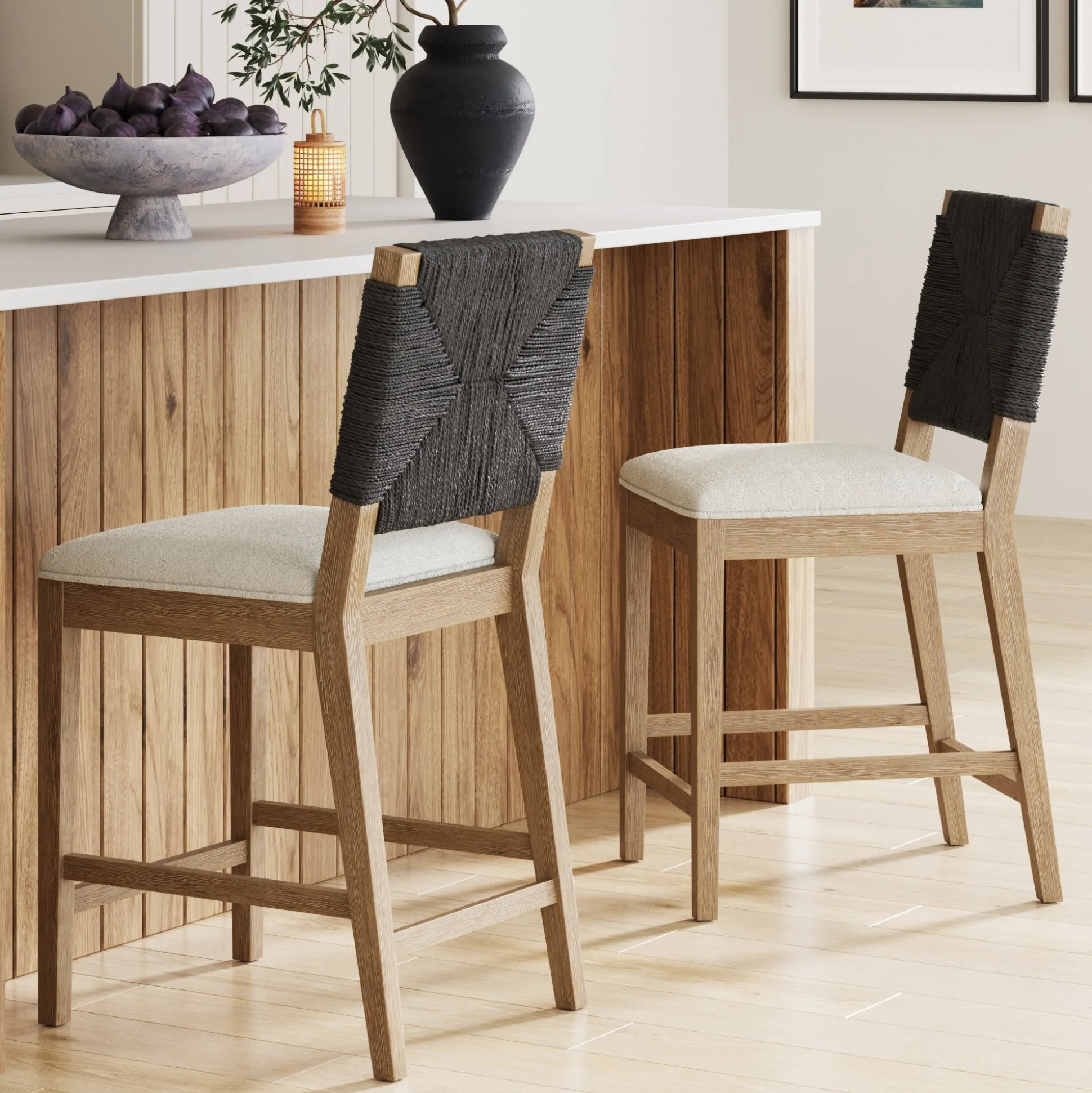Boucle & Seagrass Counter Height Bar Stools Black (Set of 2)