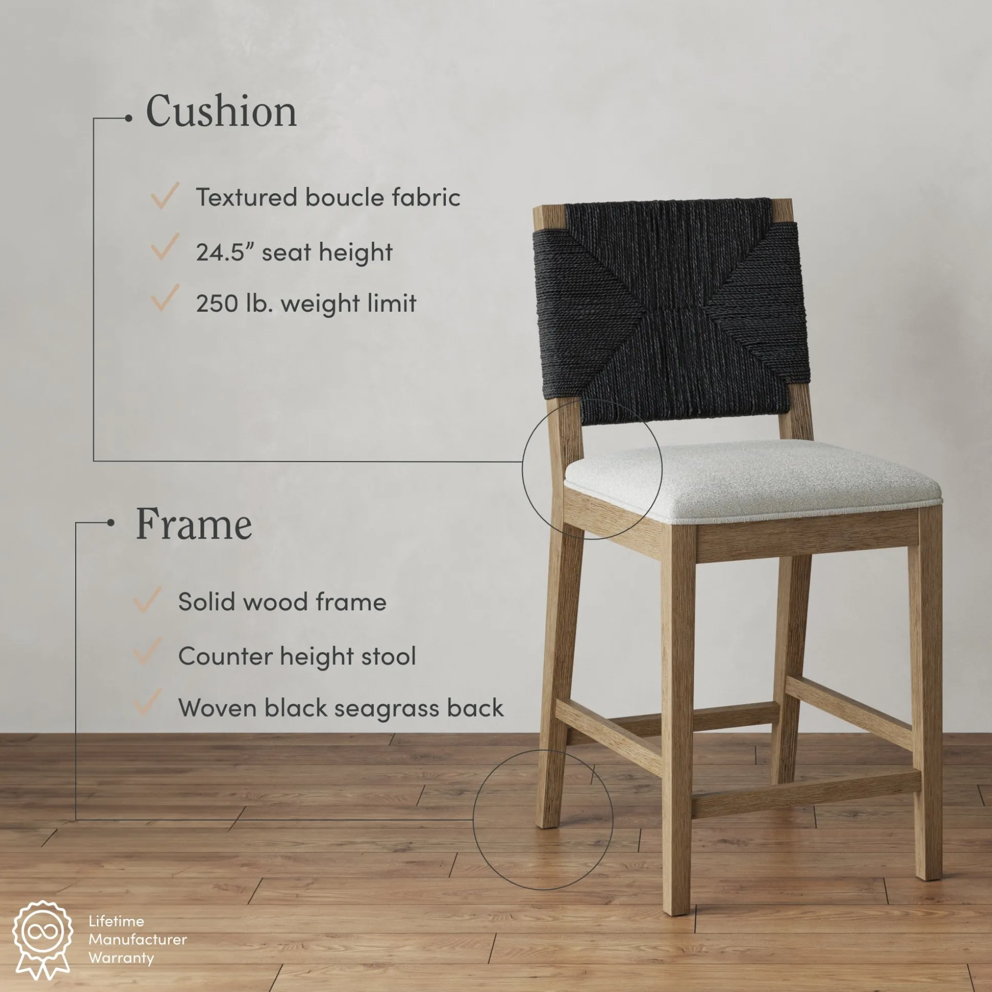 Boucle & Seagrass Counter Height Bar Stools Black (Set of 2)