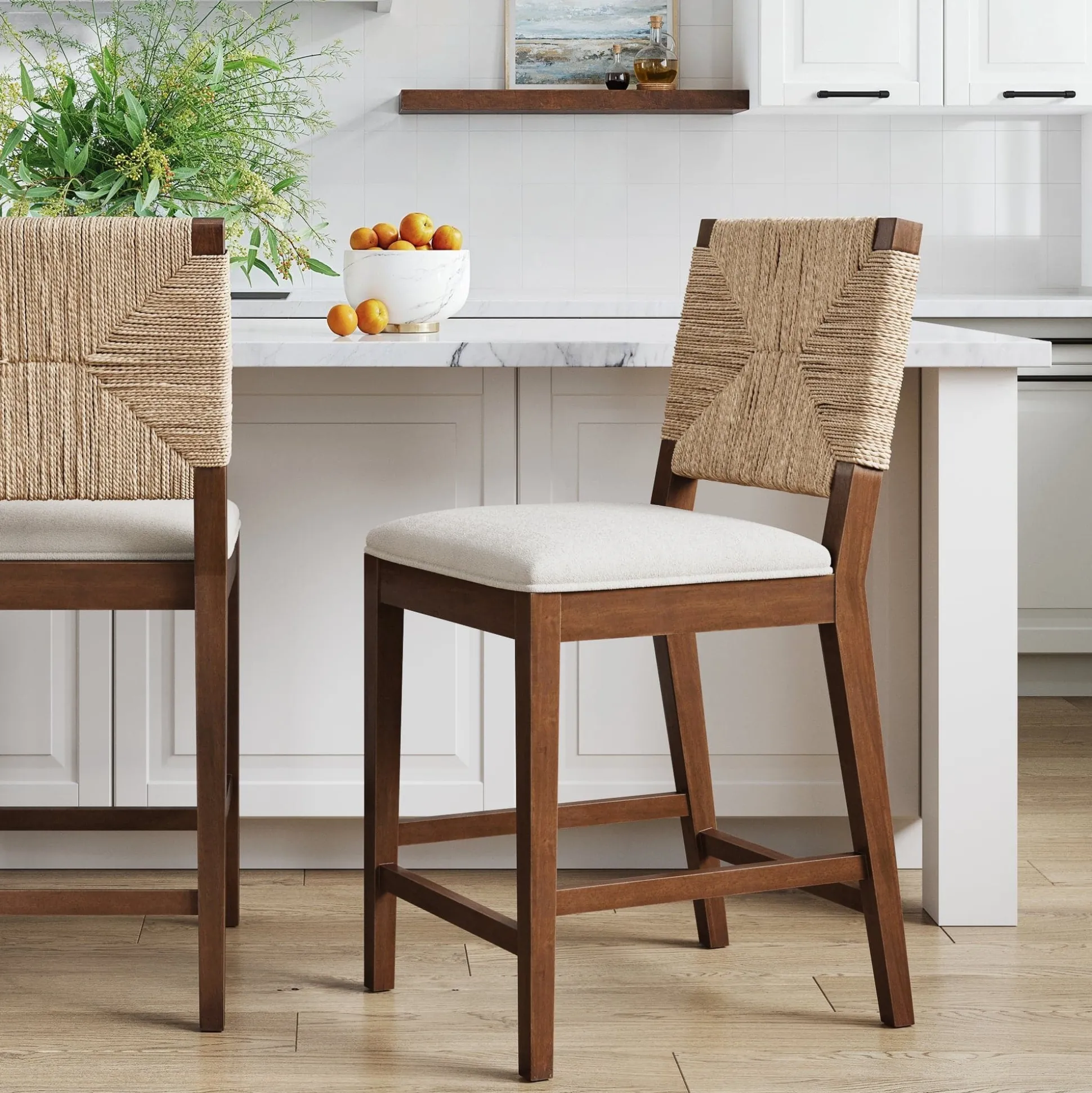 Boucle & Seagrass Counter Height Bar Stool Dark Brown