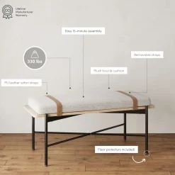 Boucle, Wood & Metal Removable Cushion Bench