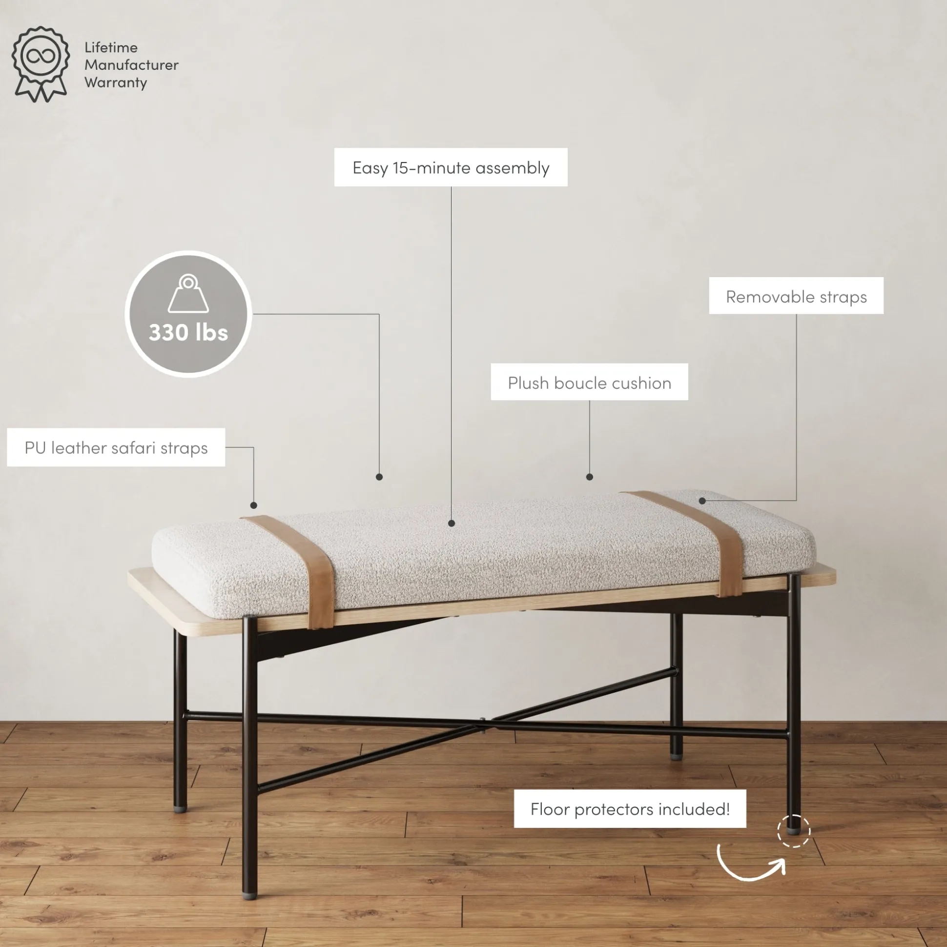 Boucle, Wood & Metal Removable Cushion Bench