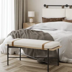 Boucle, Wood & Metal Removable Cushion Bench