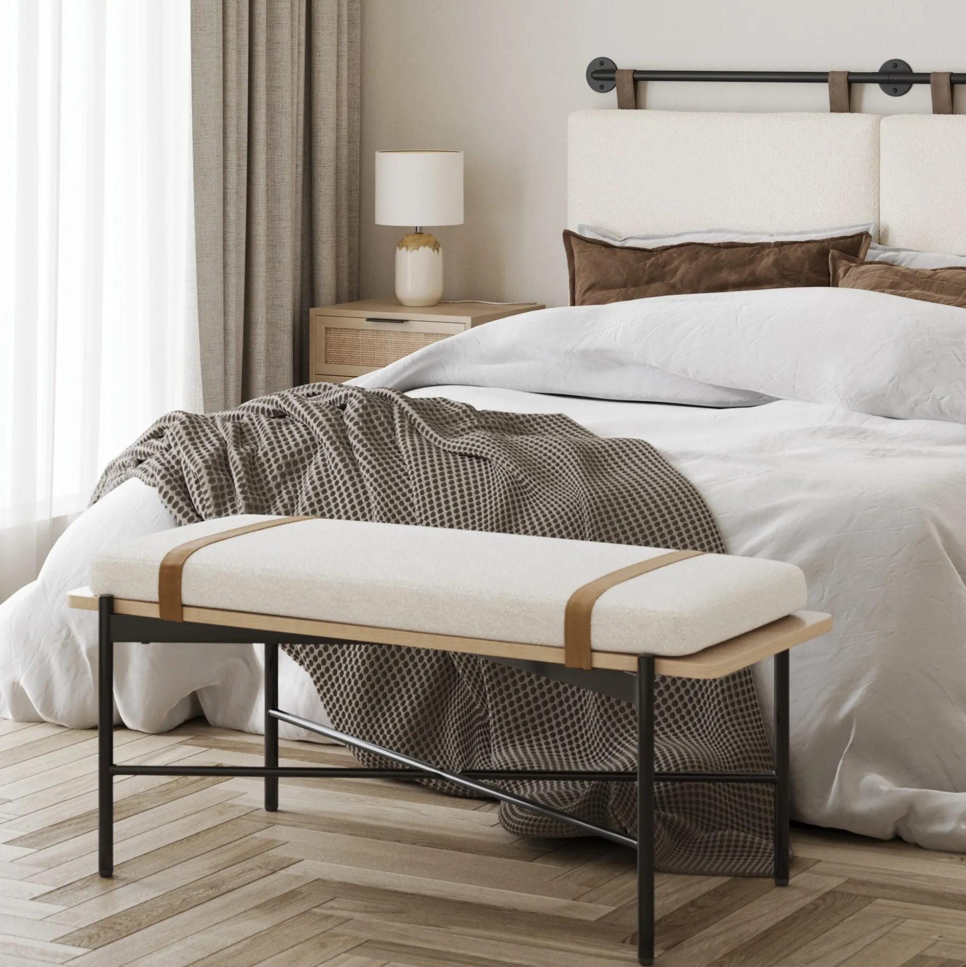 Boucle, Wood & Metal Removable Cushion Bench