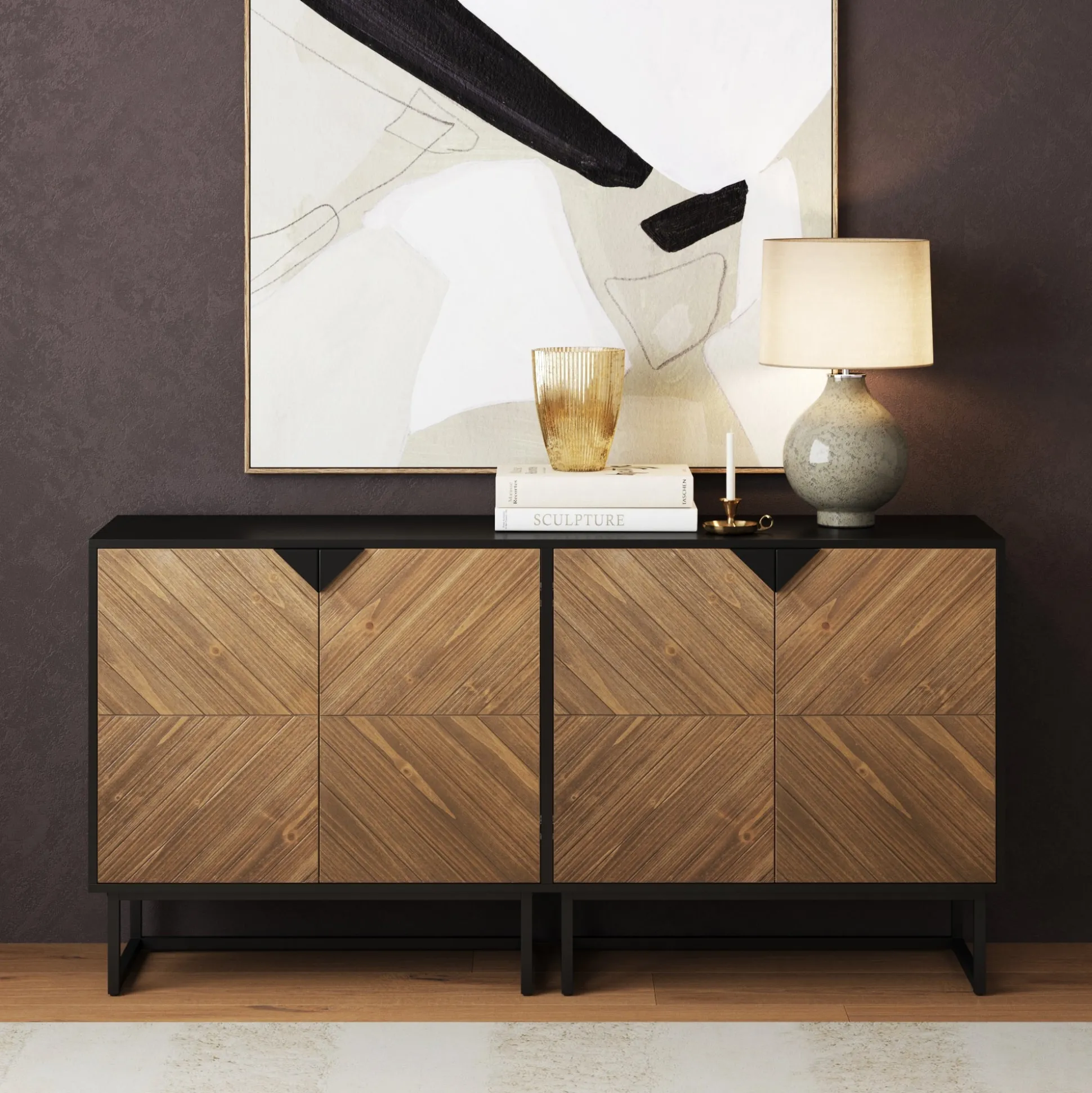 Brushed Fir Kitchen Cabinet Credenza (Set of 2)