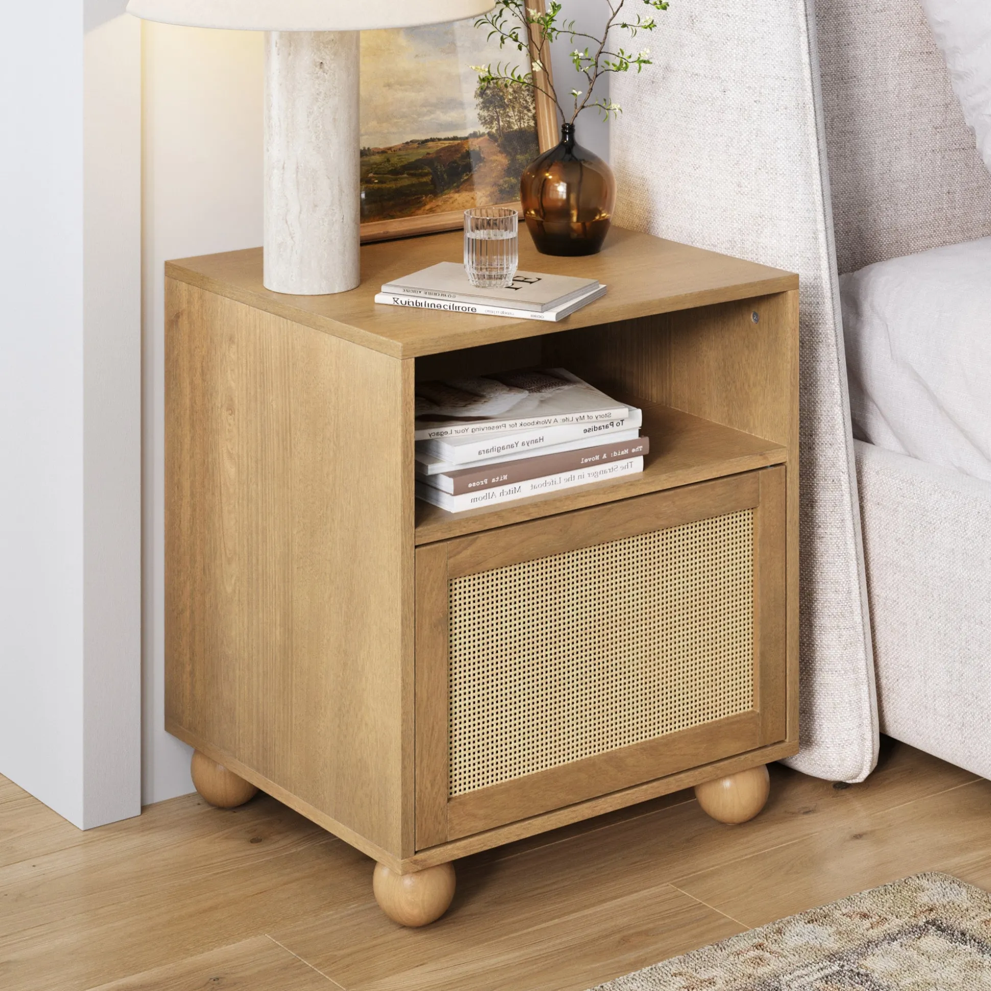 Coastal Rattan & Wood Nightstand with Storage