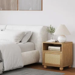 Coastal Rattan & Wood Nightstand with Storage