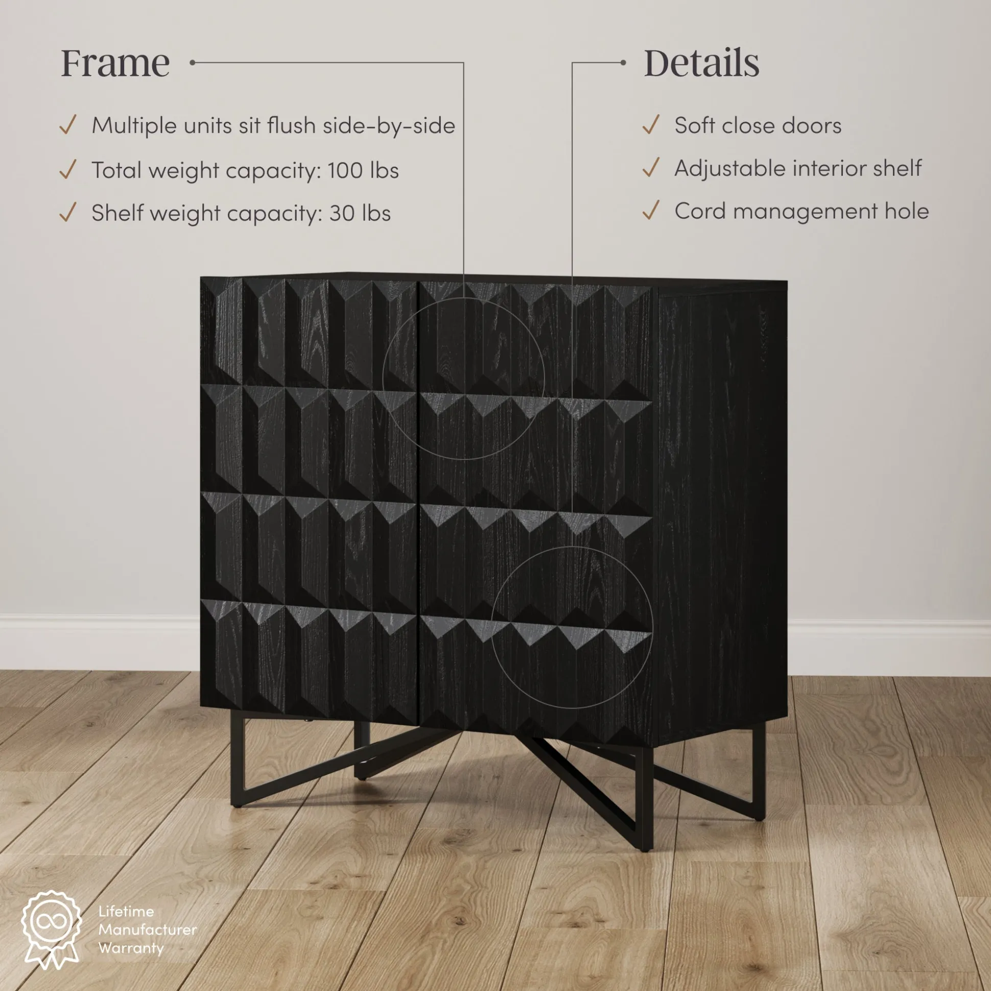 Contemporary Credenza Storage with Textured Front Black Oak (Set of 3)