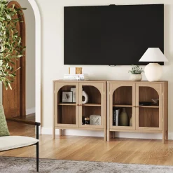Curio Cabinet Credenza with Glass Door Raw Oak (Set of 2)