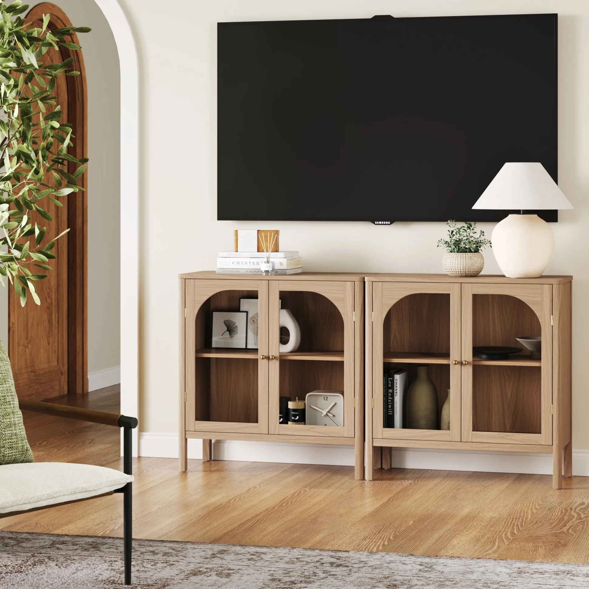 Curio Cabinet Credenza with Glass Door Raw Oak (Set of 2)