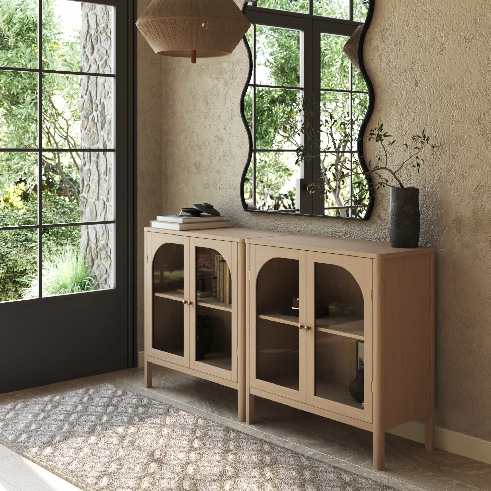 Curio Cabinet Credenza with Glass Door Raw Oak (Set of 2)