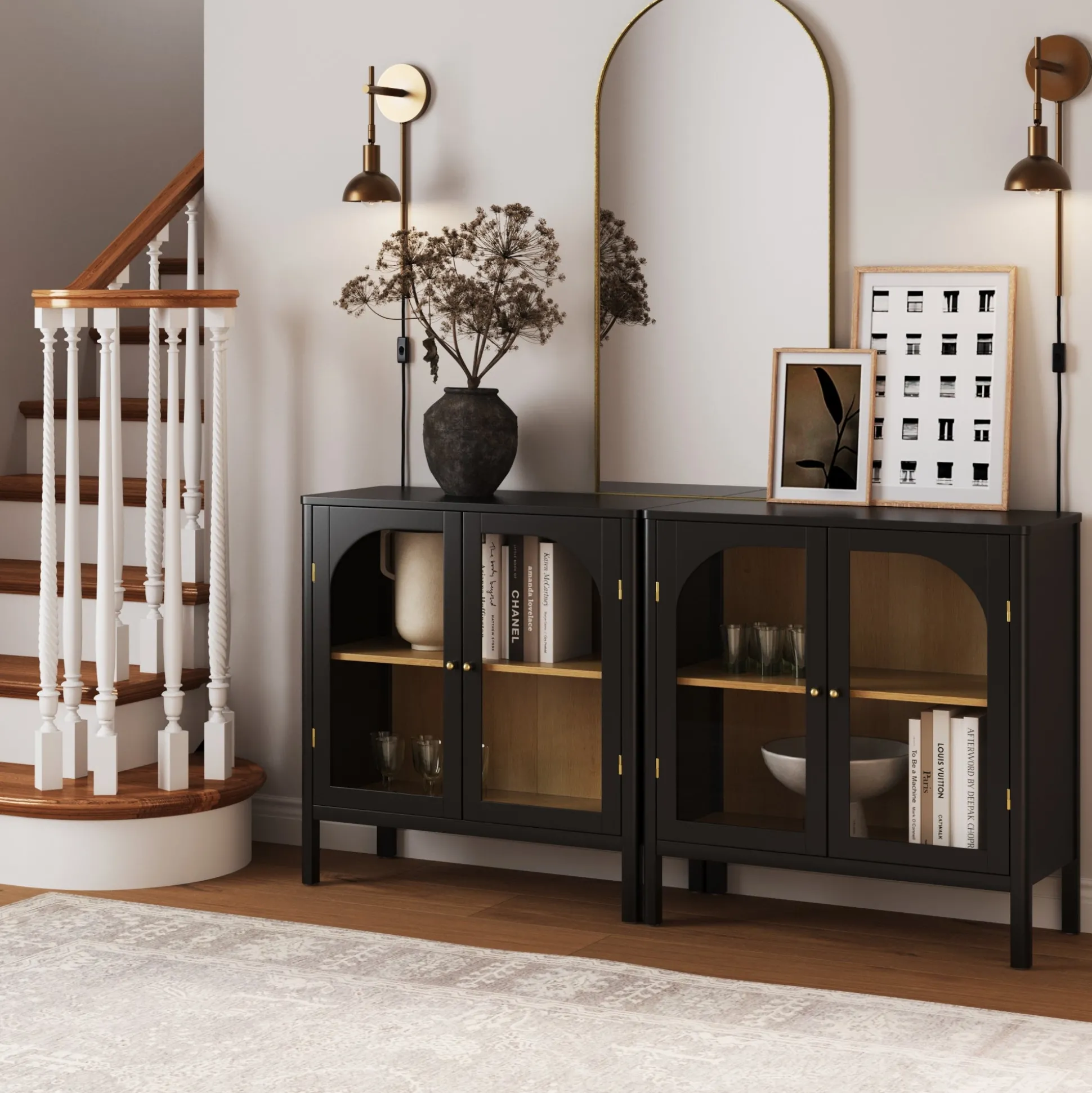 Curio Cabinet Credenza with Glass Door Black (Set of 2)