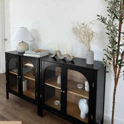 Curio Cabinet Credenza with Glass Door Black (Set of 2)