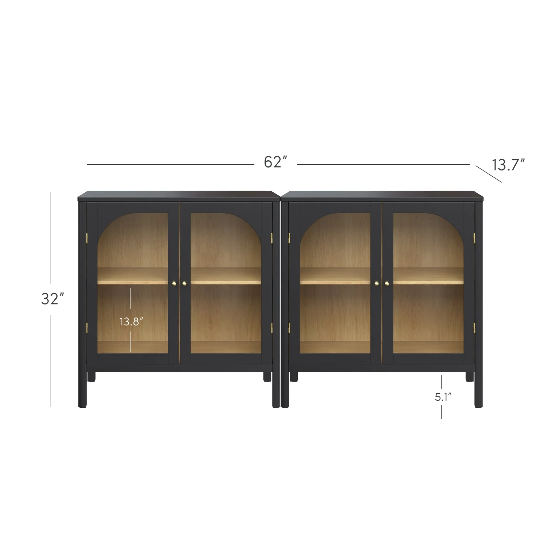 Curio Cabinet Credenza with Glass Door Black (Set of 2)