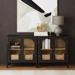 Curio Cabinet Credenza with Glass Door Black (Set of 2)