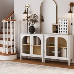 Curio Cabinet Credenza with Glass Door White (Set of 2)