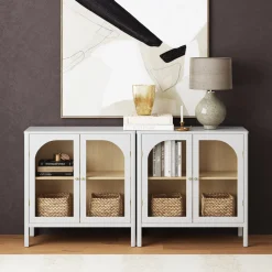 Curio Cabinet Credenza with Glass Door White (Set of 2)