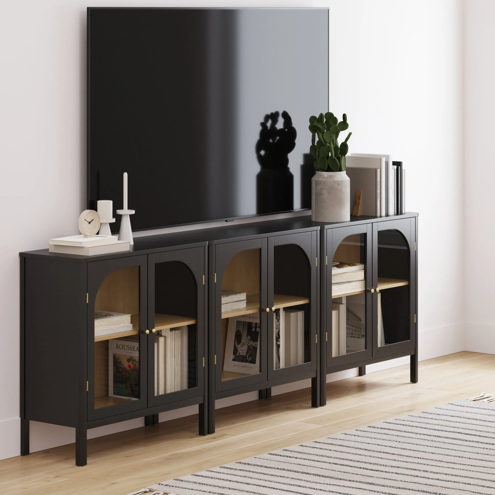 Curio Cabinet Credenza with Glass Door Black (Set of 3)