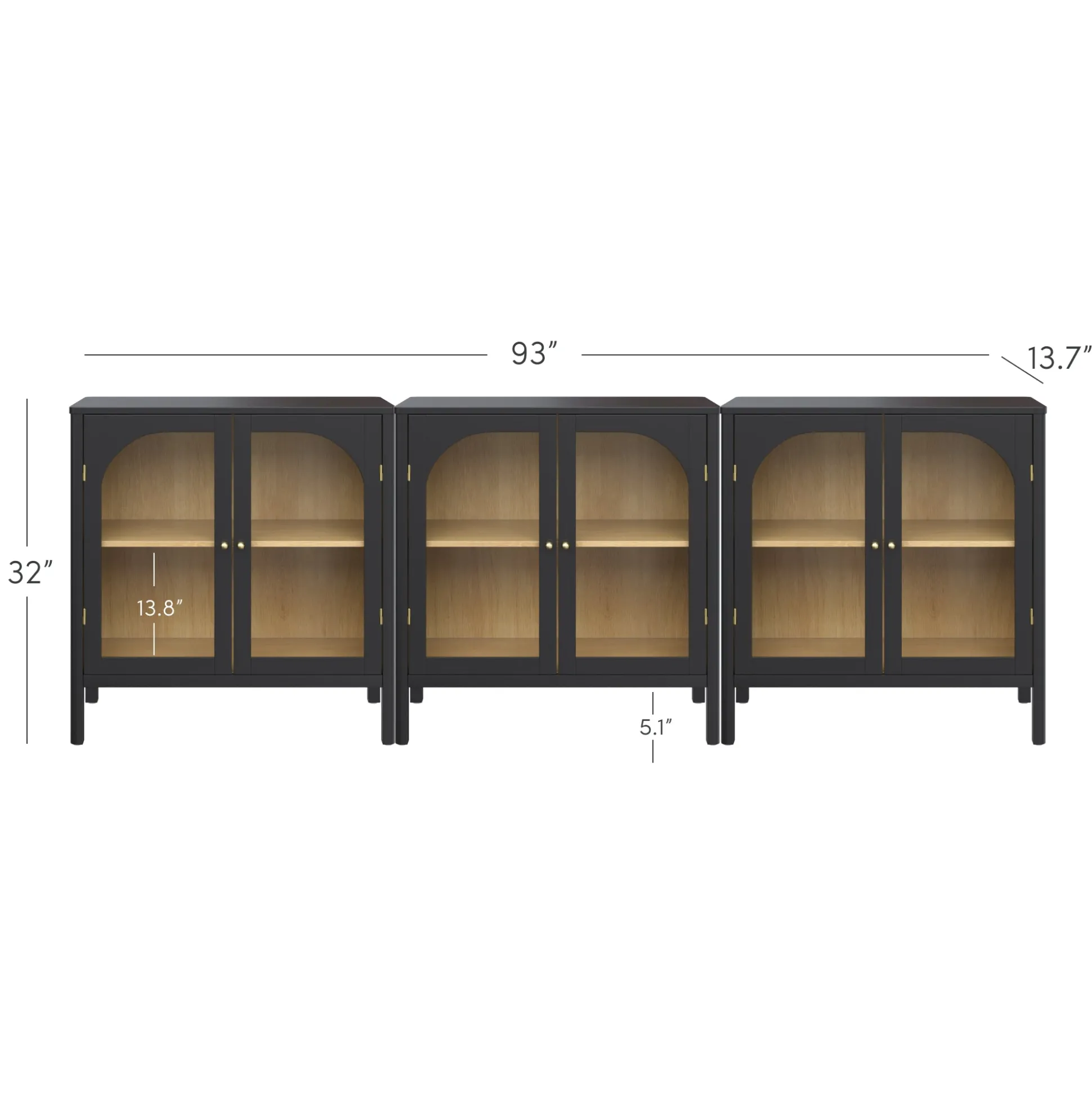 Curio Cabinet Credenza with Glass Door Black (Set of 3)