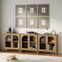 Curio Cabinet Credenza with Glass Door Brown (Set of 3)