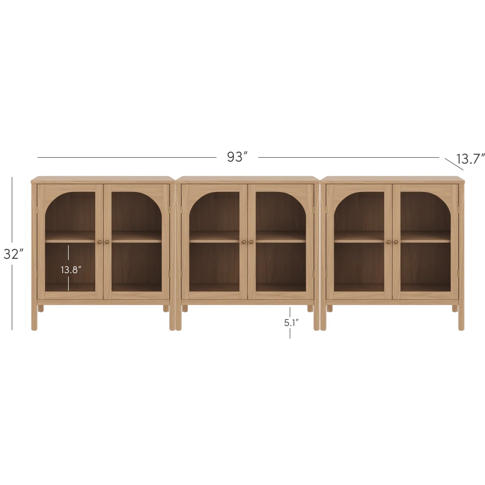 Curio Cabinet Credenza with Glass Door Raw Oak (Set of 3)