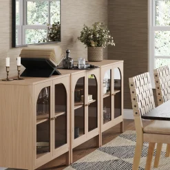Curio Cabinet Credenza with Glass Door Raw Oak (Set of 3)