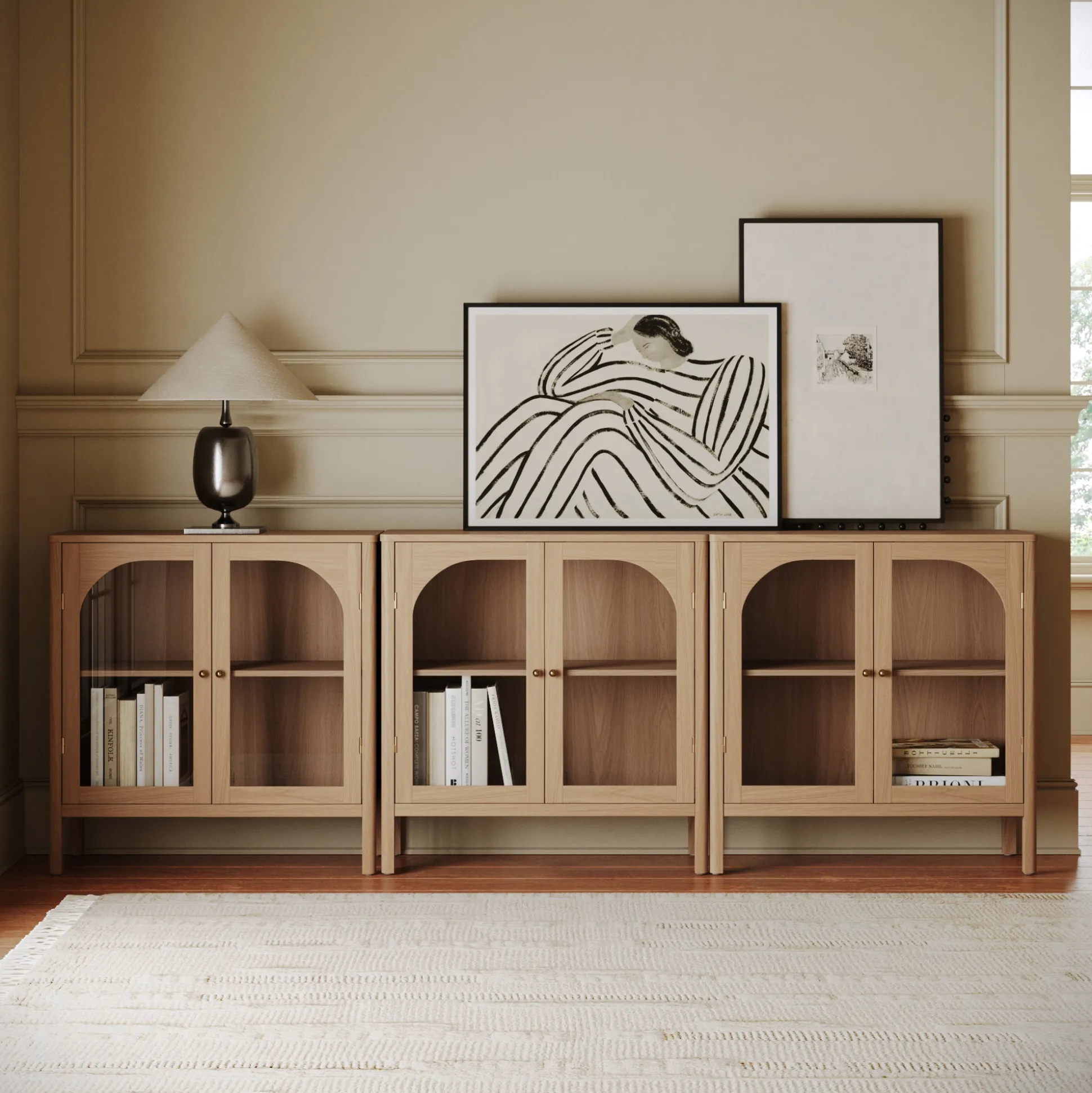 Curio Cabinet Credenza with Glass Door Raw Oak (Set of 3)