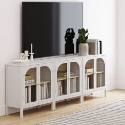 Curio Cabinet Credenza with Glass Door White (Set of 3)